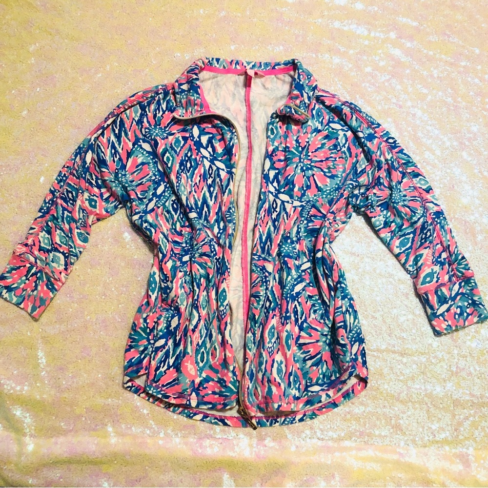 Lily Pulitzer cropped sleeve zip up jacket pink blue colorful design small
